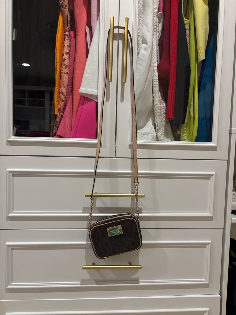 Michael Kors Brown Logo Crossbody Camera Bag with Gold Plate